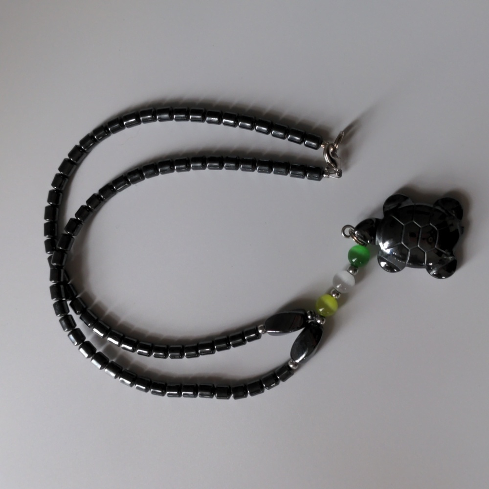 Hematite Turtle Pendant Necklace Grounding Energy & Coastal Charm 16" Boho